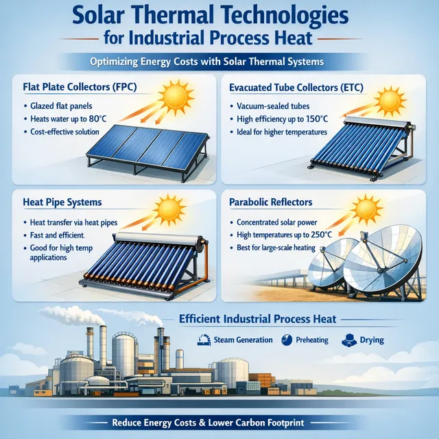 Solar Thermal Technologies Explained: FPC, ETC, Heat Pipe & Reflector Systems for Industrial Applications
