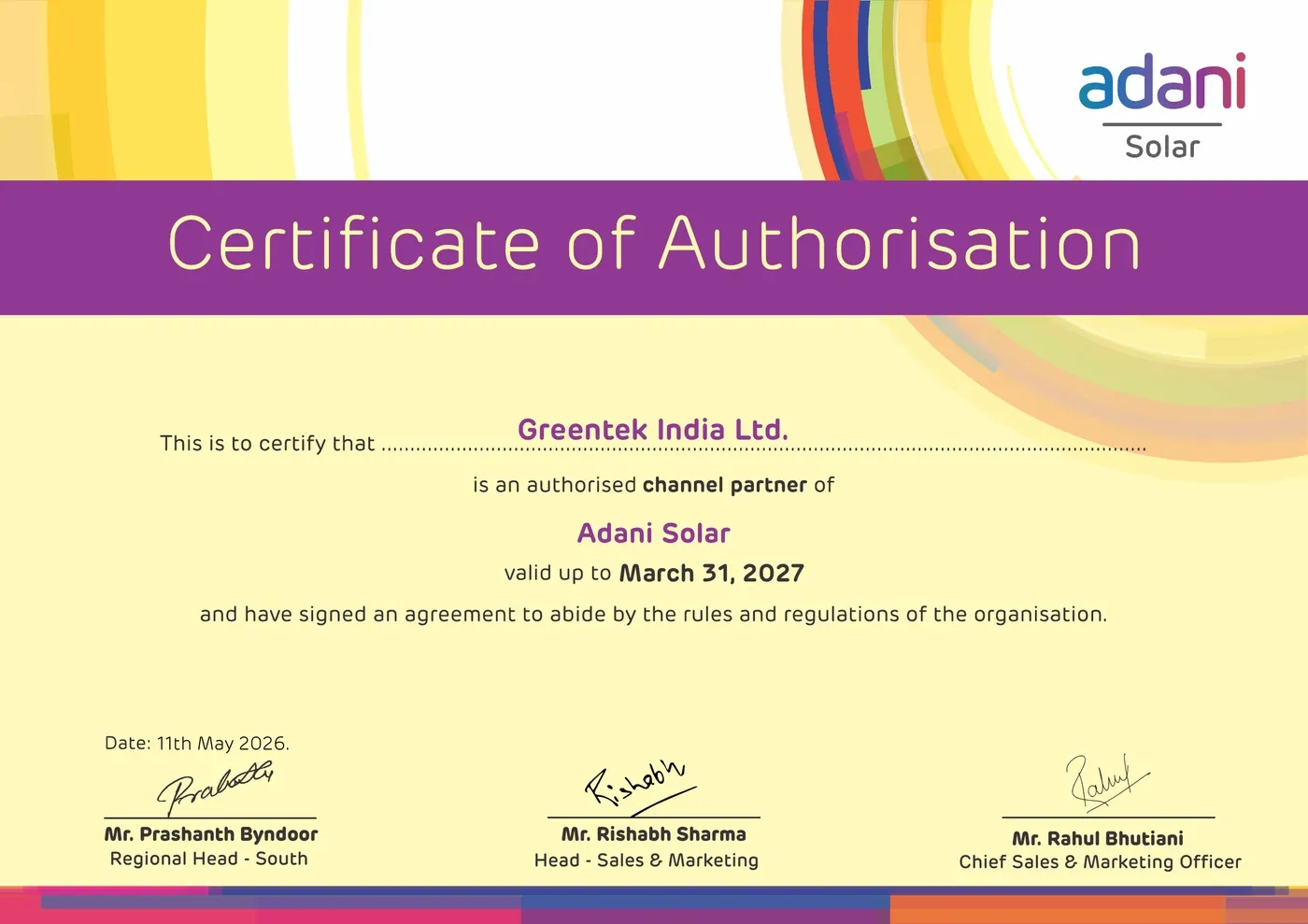 Adani Solar Certificate of Authorisation issued to Greentek India Ltd., valid to 31 March 2027